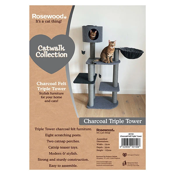 Rosewood Charcoal Felt Triple Scratcher Cat Tower 2 Rosewood Charcoal Felt Triple Scratcher Cat Tower - Image 2